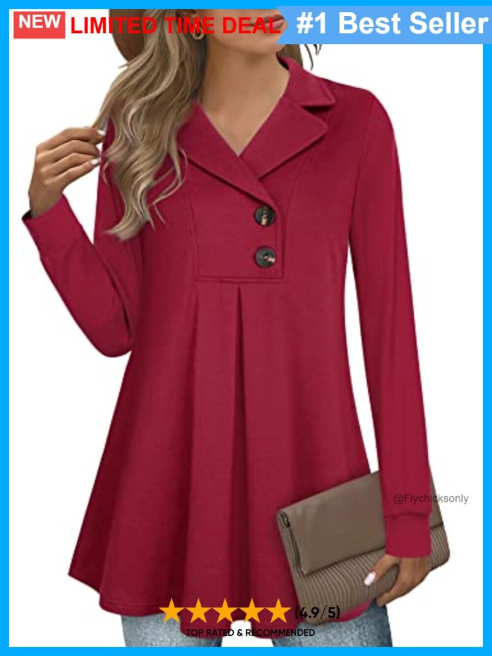 Women's Swing Tunic Notch Collar Button Sweatshirt Long Sleeve Pullover Top